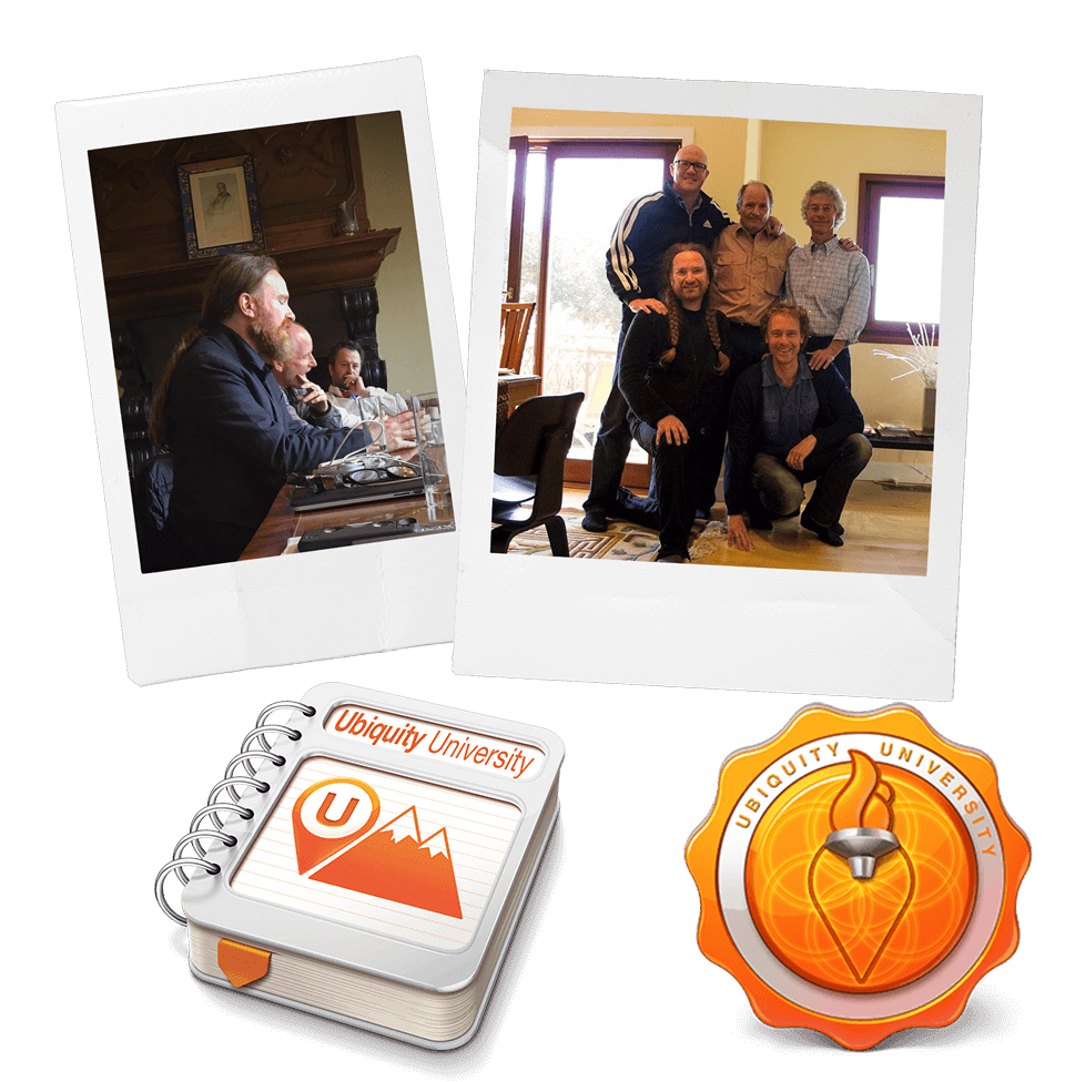 2 Polaroids photos: 1 Griffin de Luce at client meeting in Belgium; 2 Ubiquity University Founders: Paul Taylor, Jim Hickman, Jim Garrison, Griffin de Luce, and Peter Merry.