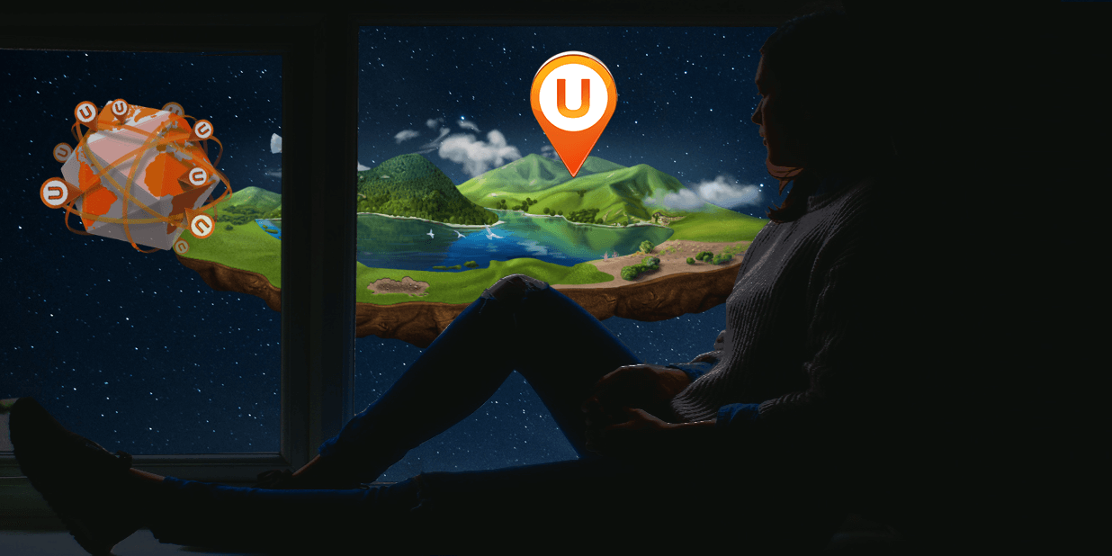 Ubiquity CTA Art (Young woman on window bench looking out a window at metaverse.)