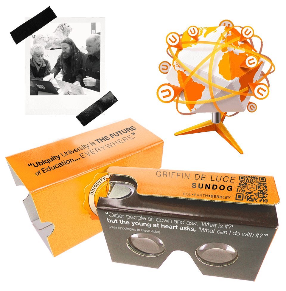 A Polaroid photo of Ubiquity co-fouinders Jim Garrison, Griffin de Luce, and Jim Hickman in London's Metropolitan Museum; Ubiquity VR Cardboard Viewer and Ubiverse Globe Icon