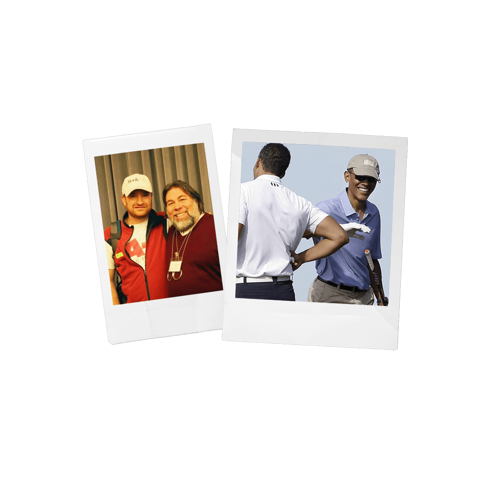 GameGolf CTO Griffin de Luce and Advisor Steve Wozniak (Apple Co-founder); US President Barack Obama using GameGolf tracker.