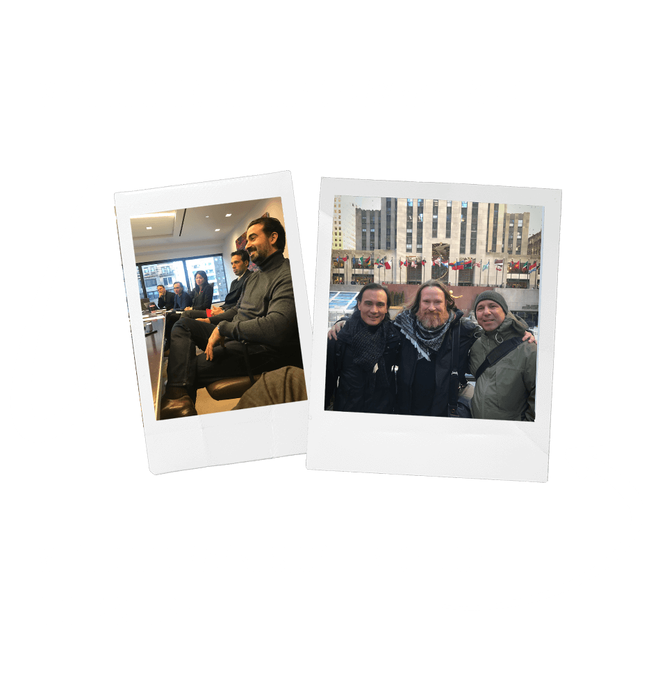 2 Polaroid Photos 1: Ayman Hariri (Vero CEO in foreground); 2: Vero partners TJ Marbois, Griffin de Luce, and Chris Fure at Rockefeller Center